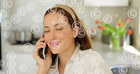 Woman Enjoying Secure Mobile Banking with Euro Symbols