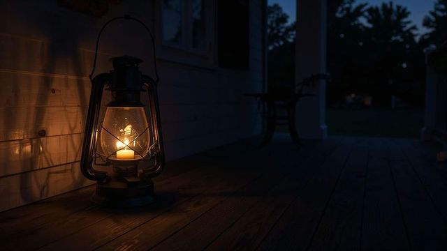 Vintage lantern illuminating wooden porch at twilight