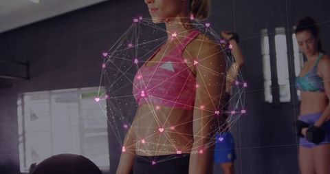 Connected fitness network: female athlete training in gym with digital health overlay