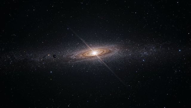Edge-on spiral galaxy with luminous core and diagonal diffraction spike in starfield