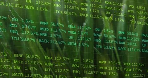 Overlaying financial market tickers on close-up green foliage for green economy visuals