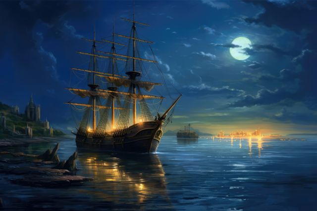 A majestic sailing ship is illuminated under moonlight at sea. Evoking a sense of exploration, the artwork captures the romance of maritime adventures.