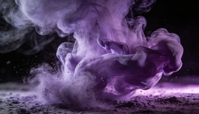 Rising violet dust plume curling over powder surface with rim light and texture