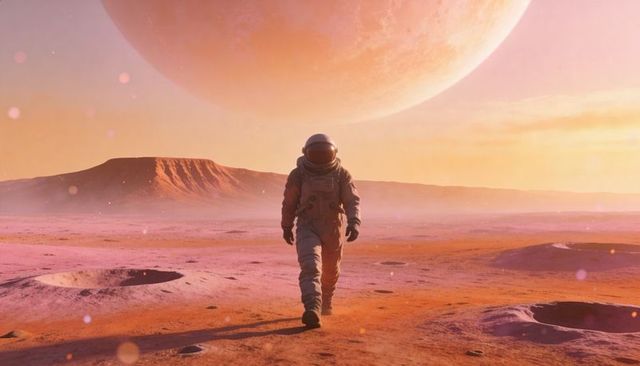 Astronaut walking across red alien plain under massive glowing planet in pressurized suit