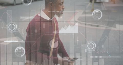 African American Man Engaging with Mobile Data in Cityscape Overlay