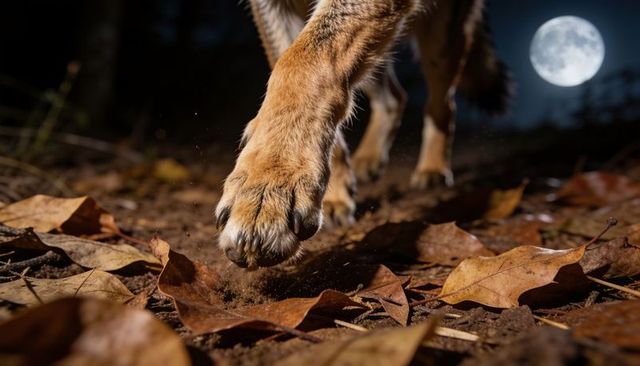 Canine paw stepping on moonlit forest floor kicking up dust and autumn leaves