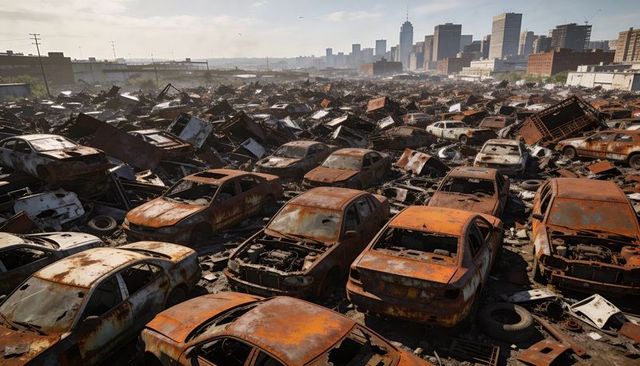 Rusted car graveyard showing rows of abandoned sedans and hatchbacks in urban scrap yard
