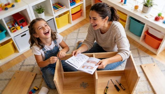 Mother and daughter assembling playroom storage cabinet laughing together during diy