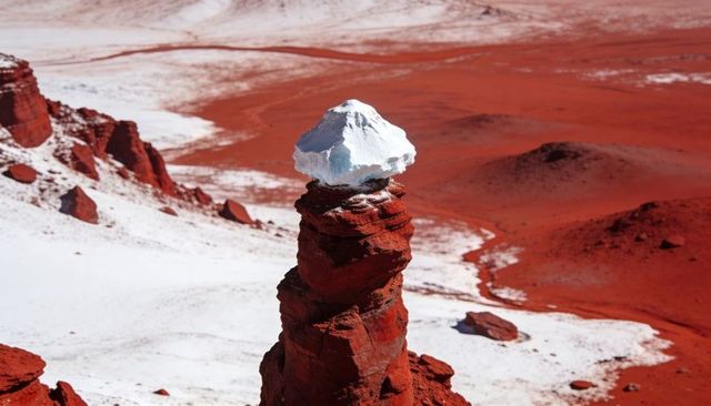 Red sandstone hoodoo standing tall with white snow cap on arid desert badlands plateau