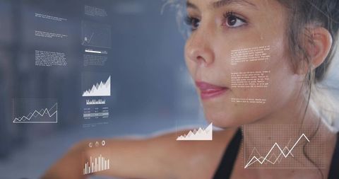 Focused woman analyzing augmented fitness data overlays for performance training