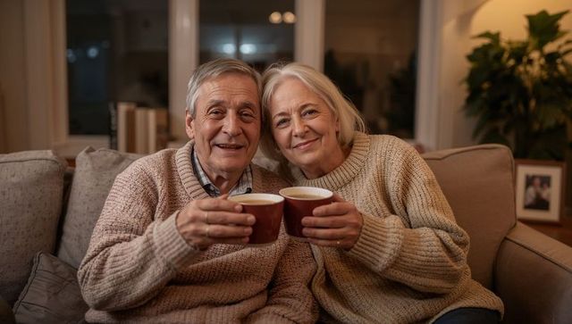 Senior couple enjoying cozy evening with hot drinks on sofa, knitted sweaters, warm home