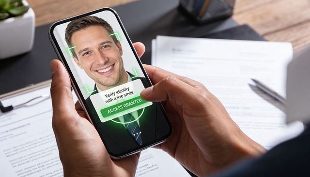 Smiling businessman using facial recognition smartphone verification granting secure access