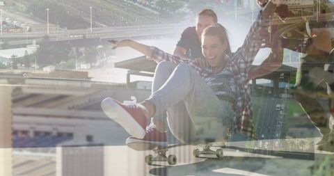 Joyful Friends Skateboarding in Urban Setting
