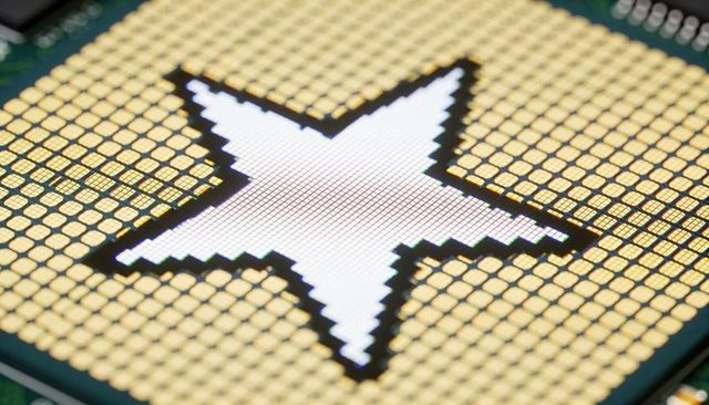 Macro pcb close-up showing pixelated white star on gold cpu pad grid, semiconductor concept