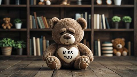Cute Brown Teddy Bear Holding Heart in Rustic Library Setting