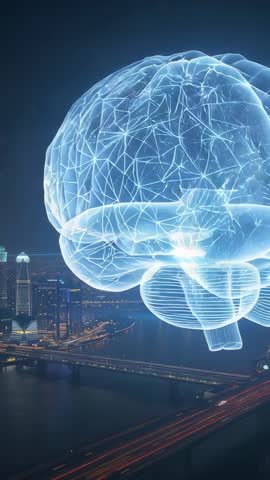 Rotating wireframe brain hovering over riverfront skyline with glowing light-trail bridge