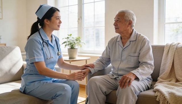 Nurse holding senior's hand during compassionate home care visit with stethoscope at window