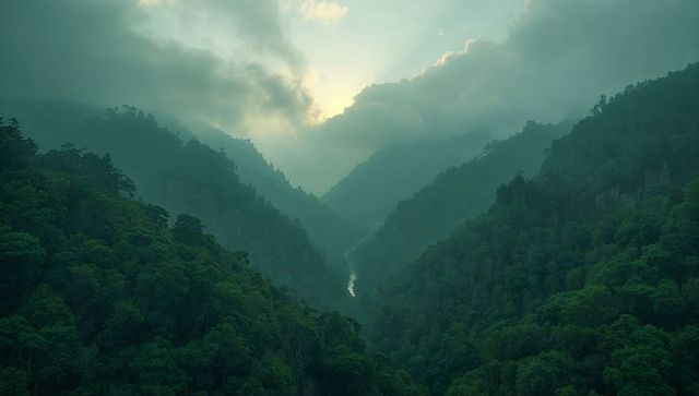 Misty valley at sunrise with narrow river and lush forest