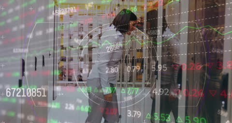 Stressed Engineer with Stock Data Overlay in Server Room