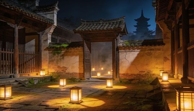 Lanterns casting warm light across ancient courtyard revealing distant pagoda