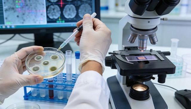 Laboratory hands pipetting fungal cultures under microscope with petri dish and pipette