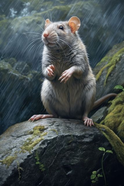 This stock photo of a wet rat standing on a rock in a rainy forest captures the raw essence of wildlife in its natural habitat. Use this image for nature-themed projects, educational materials, or unique wildlife storytelling visual content. Perfect for animal behavior studies, environmental awareness campaigns, and outdoor adventure blogs.