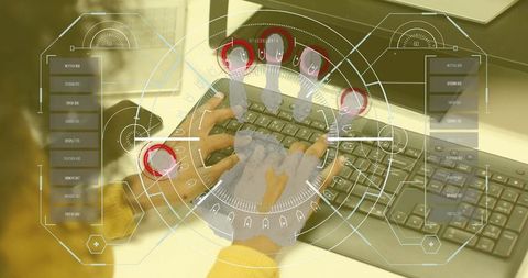 Futuristic ar interface at workspace, typing hands focused on cybersecurity