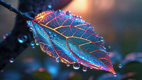 Glowing leaf of the dreaming tree with dew reflecting light on a slender branch