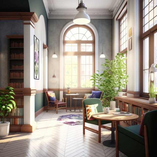 Interior of library with bookcases, tables and big windows created using generative ai technology. Library, reading and design concept digitally generated image.