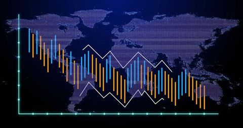 Neon global market downturn dashboard with candlestick and bar charts on digital world map