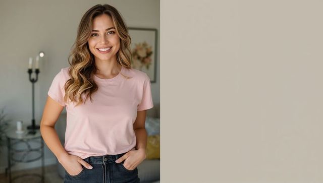 Cheerful Woman in Pink T-Shirt Relaxing at Home