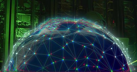 Holographic globe projecting over server racks representing global network connectivity and data