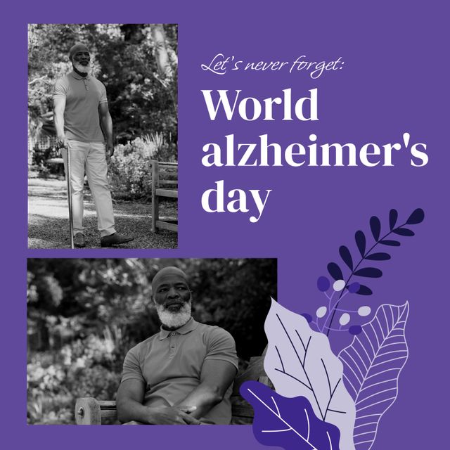 Composition of world alzheimer's day text over senior african american man walking with cane. World alzheimer's day and celebration concept digitally generated image.