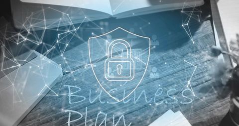 Business plan cybersecurity concept featuring shield lock overlay on minimalist desk