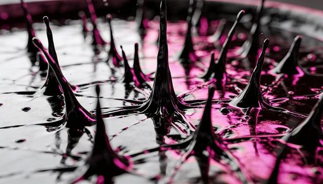 Forming glossy ferrofluid conical spikes reflecting neon magenta ripples on tray macro