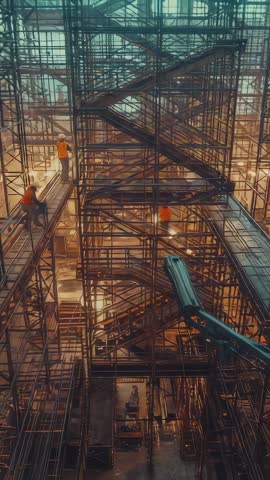 Lift approaching, crew walking on multilevel scaffolding and accessing stairs