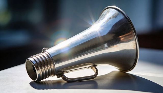 Polished metal megaphone catching sunlight, threaded mouthpiece and handle with sunburst
