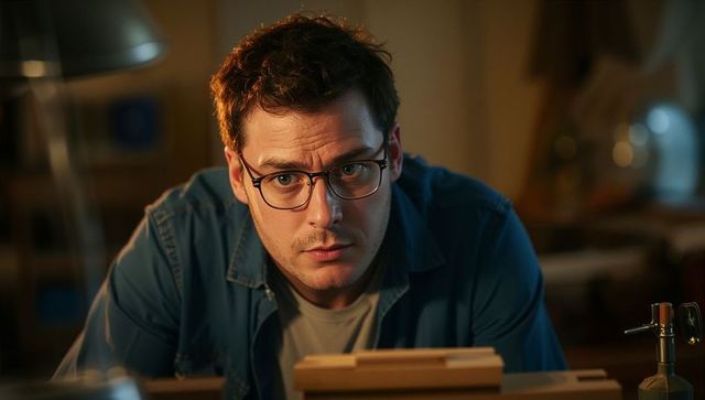 Focused Craftsman Examining Wooden Blocks in Cozy Evening Workshop Wearing Glasses