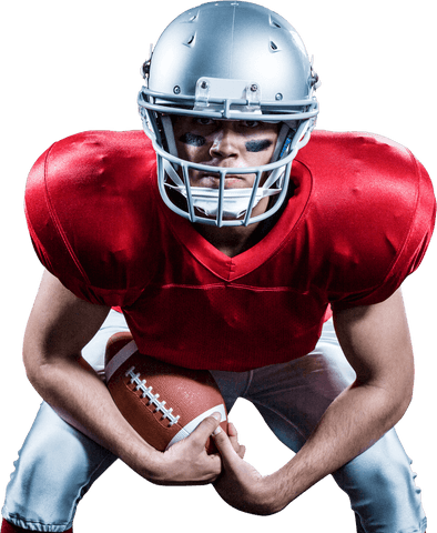 American football player in intense pose with ball transparent background
