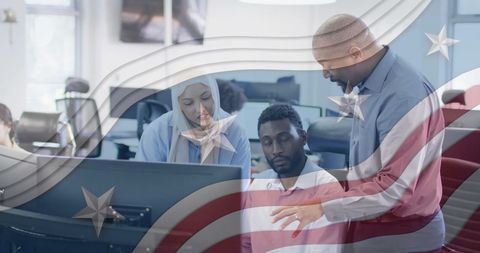 Cultural Diversity in a Modern Office Featuring USA Flag Overlay - Download Free Stock Images Pikwizard.com