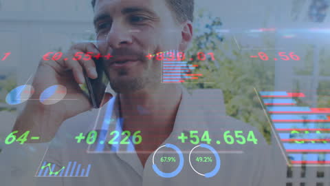 Businessman Engaging on Phone with Digital Data Overlay