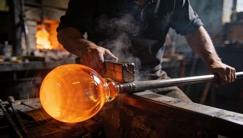 Glassblower shaping glowing molten glass bubble into custom vessel near furnace