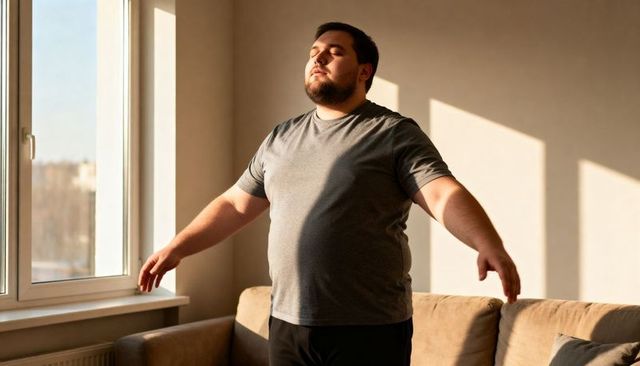 Man basking in warm sunlight in cozy modern living room practicing mindful breathing