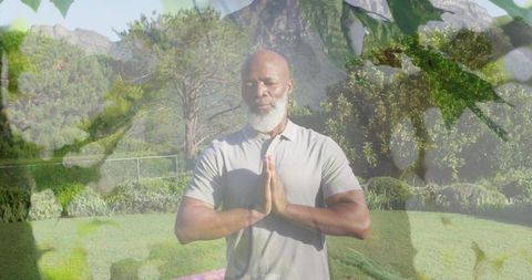 Senior Man Meditating in Nature with Overlay of Greenery