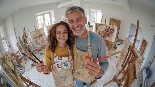 Smiling middle-aged artists collaborating in bright atelier holding brushes and paints