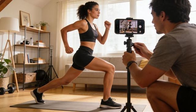 Woman recording home workout lunges on yoga mat while trainer films indoor fitness routine