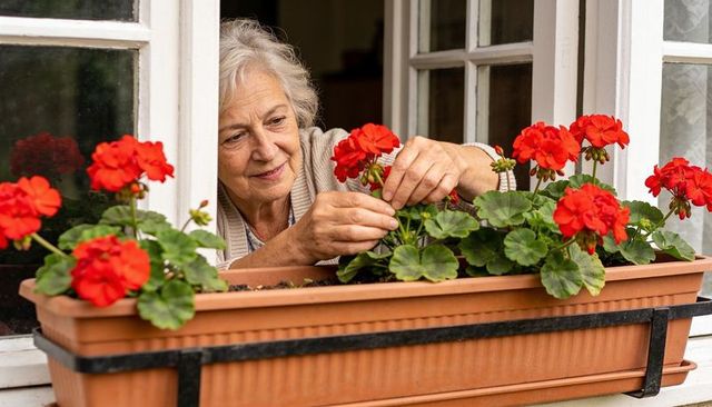 Senior woman tending bright red geraniums in window planter, peaceful home gardening moment