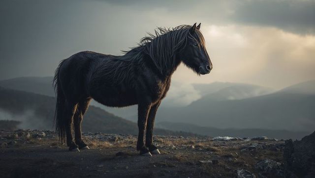 Black pony standing on misty mountain ridge, mane flowing, moorland dawn light