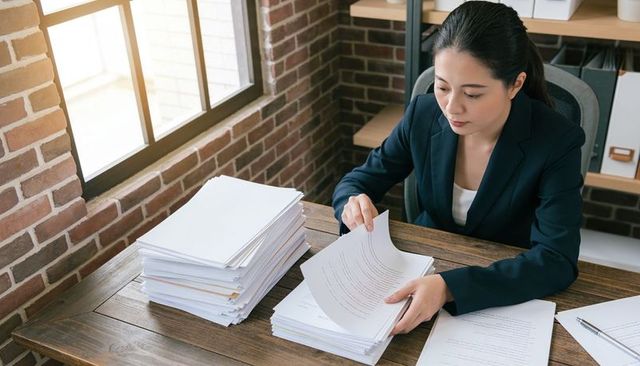 Asian businesswoman sorting and reviewing document stacks at wooden desk with brick wall