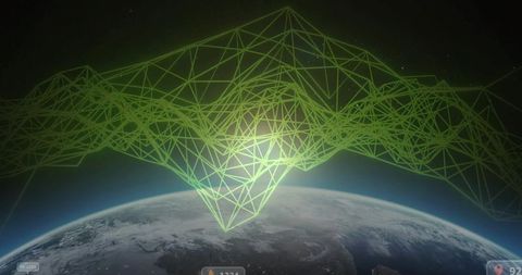 Neon green wireframe network overlay above earth horizon
